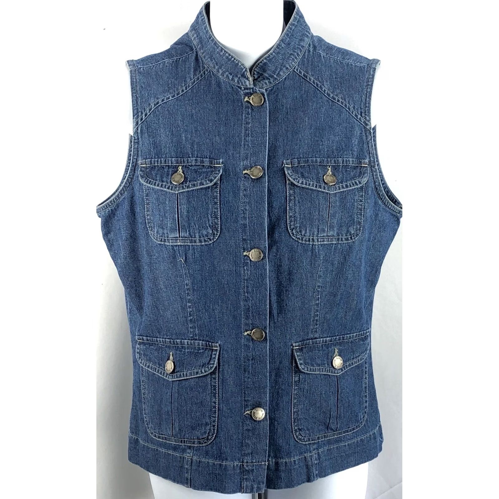 Denime Vintage Sleeveless Jean Vest Top S Button Denim Band Collar Pocket Retro 90s Y2K Size S / US 4 / IT 40 - 2 Thumbnail