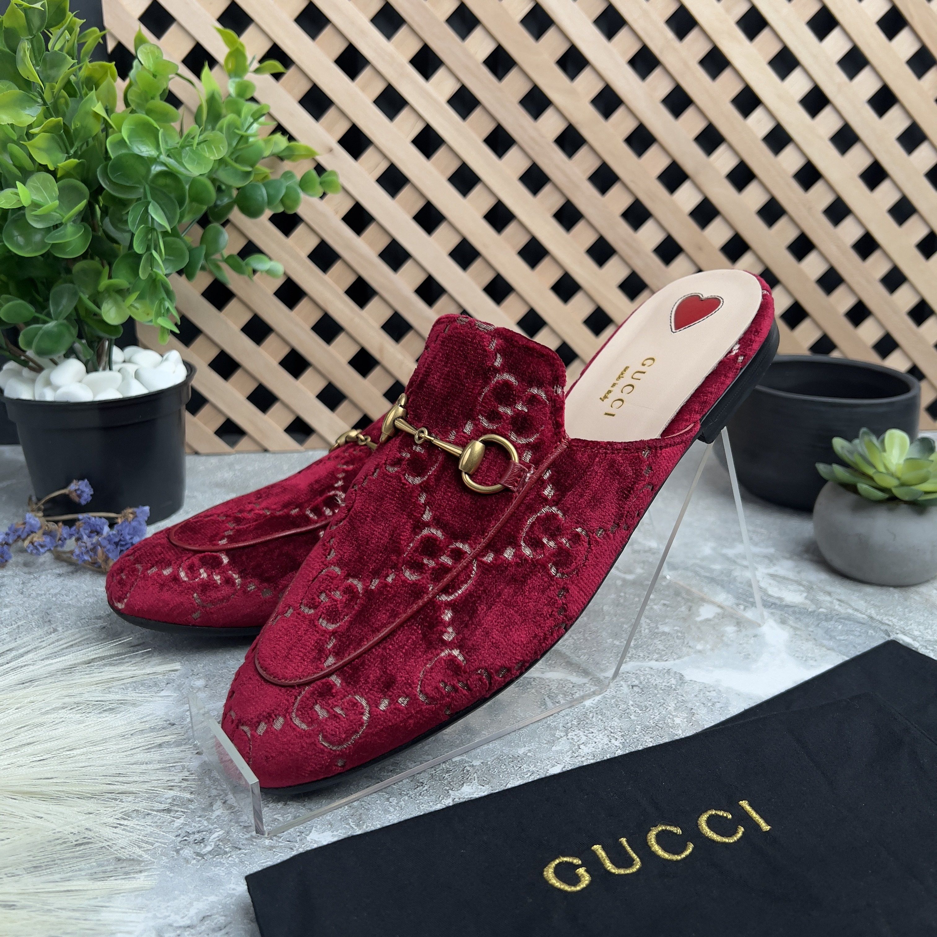 Gucci Princetown Horsebit GG Monogram Mule Red Velour Size US 8 / IT 38 - 2 Thumbnail