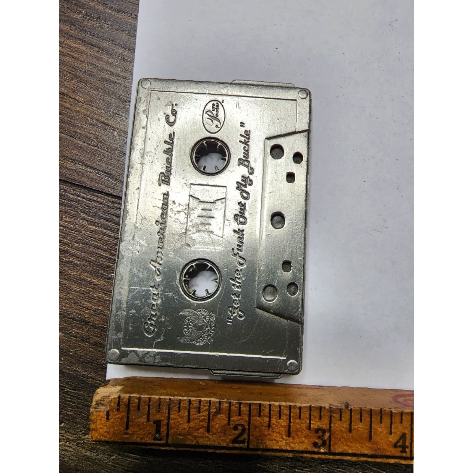Vintage VINTAGE Great American Buckle Co. Cassette Tape Belt Buckle Men Size Not Specified Gray Pewter Rockabilly 2000s Size ONE SIZE - 4 Thumbnail