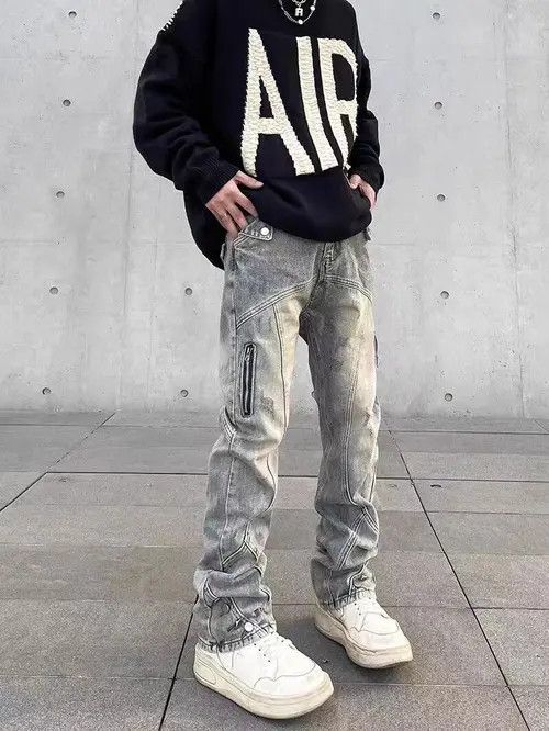 image of Retro Distressed Yellow Mud-Dyed Straight-Leg Zipper Jeans in Blue, Men's (Size 32)