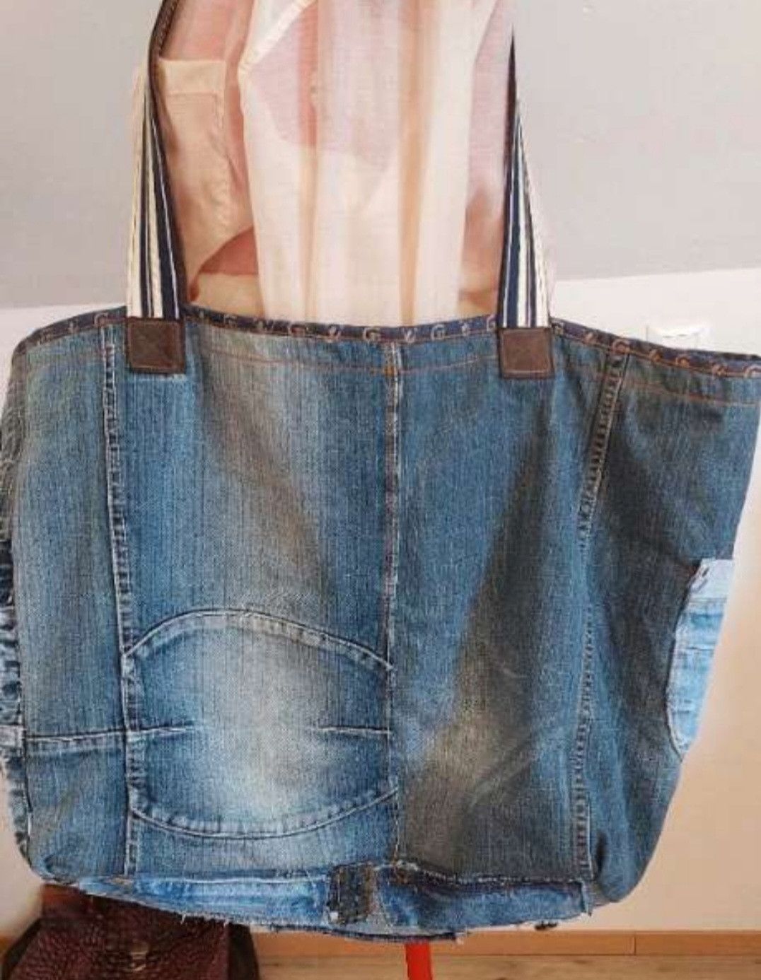 Handmade Heavy Denim Tote with Leather Belt Straps Size ONE SIZE - 2 Thumbnail