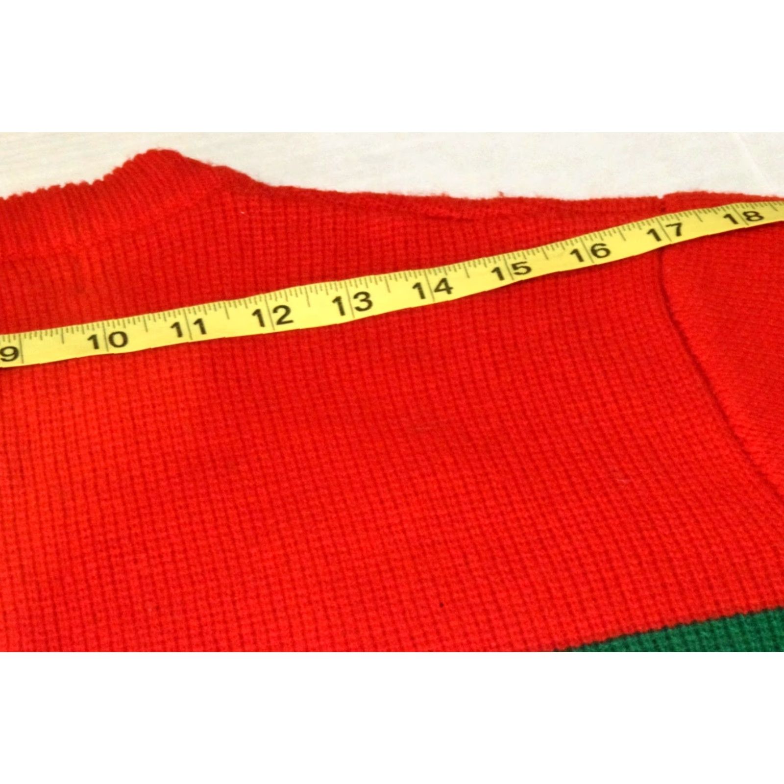 VINTAGE Evergreen Red Sweater Mens M 70s Yellow Green Center Stripe Acrylic Fade Shirt