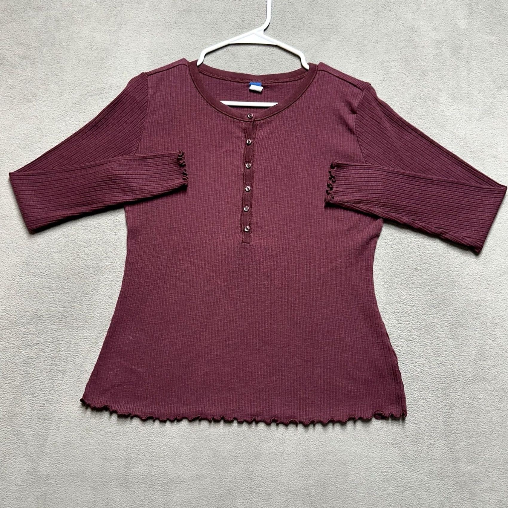 Old Navy Old Navy Shirt Womens M Maroon Red Henley Long Sleeve Slim Rib Knit Lettuce Edge Size M / US 6-8 / IT 42-44 - 2 Thumbnail