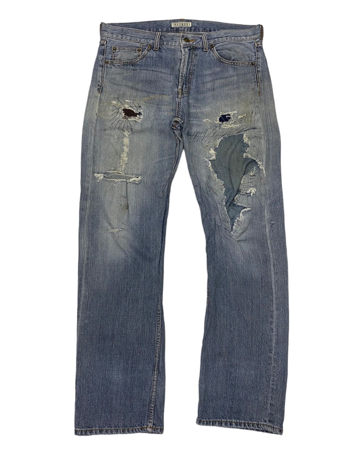 Beauty Beast 🔥DISTRESSED DENIM JEANS RARE SAGRES CRAZY SEW Size US 35 - 2 Thumbnail