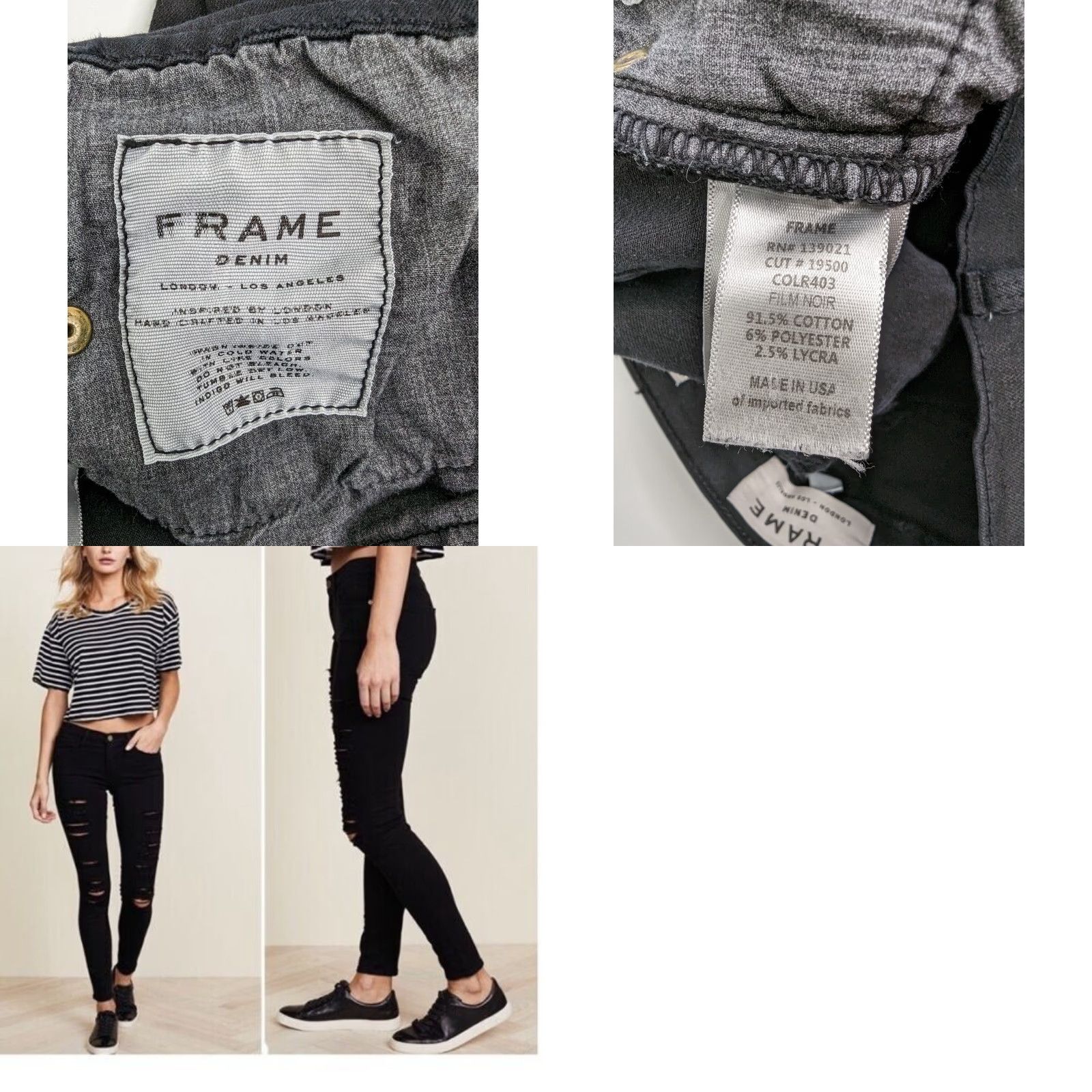 Frame **FRAME Le Skinny De Jeanne Designer Women's Black Skinny Jeans** User: **Film Noir Ripped Black Skinny Jeans - FRAME Le Skinny De Jeanne** Size 29" - 9 Thumbnail