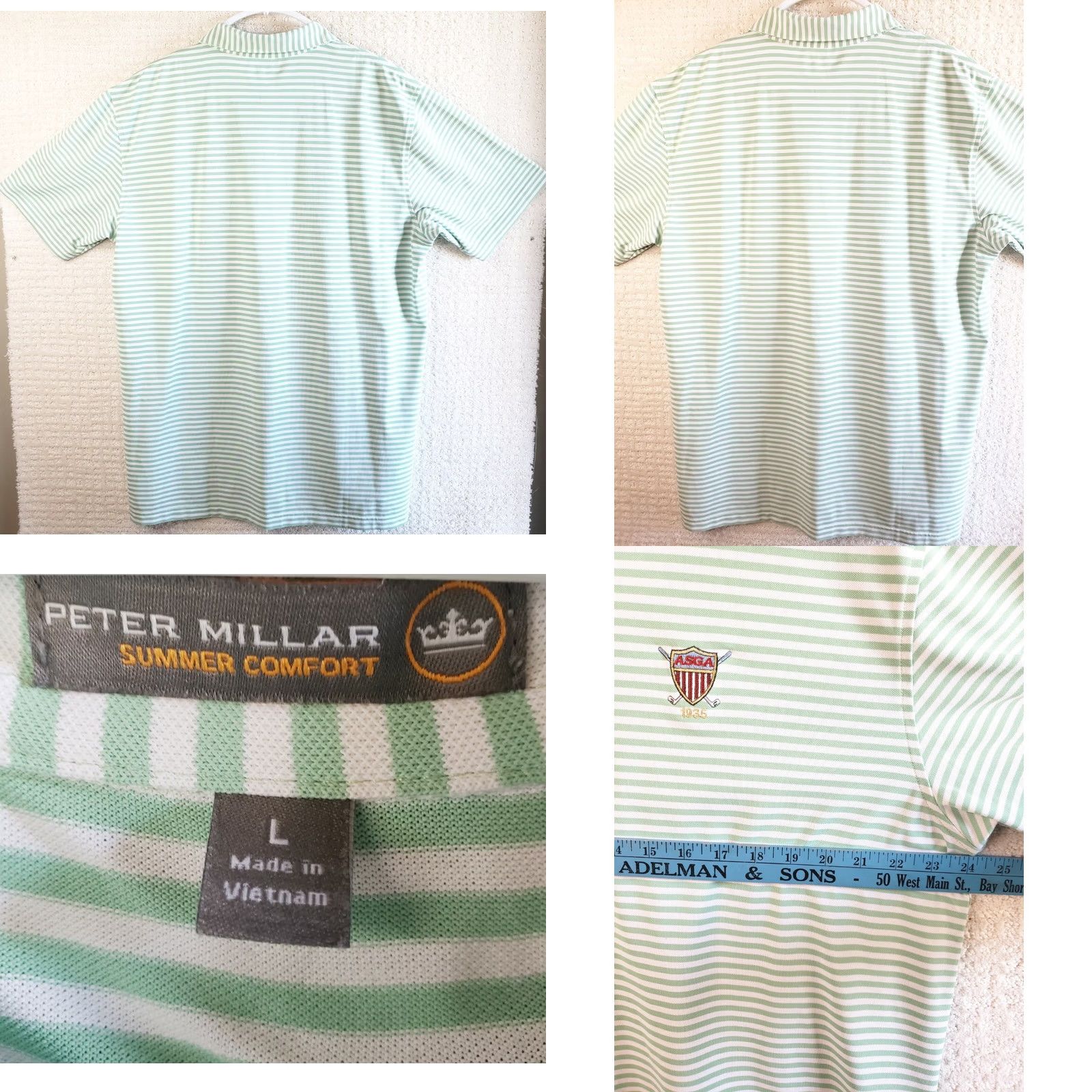 Peter Millar Peter Millar Summer Comfort Polo Shirt Striped Short Sleeve Button Front Mens L Green White Size US L / EU 52-54 / 3 - 8 Thumbnail