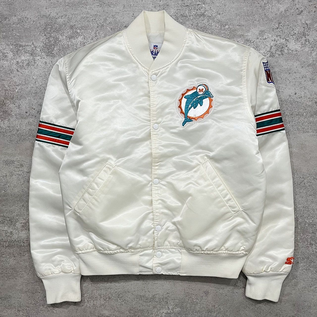 Image of Nfl Miami Dolphins Starter Satin Bomber Jacket White Size L, Men's