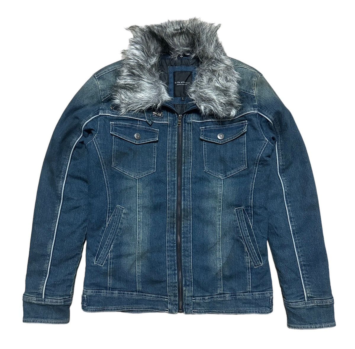 image of If Six Was Nine x In The Attic Homme Made By Imagination Fur Denim Jacket in Blue (Size Small)