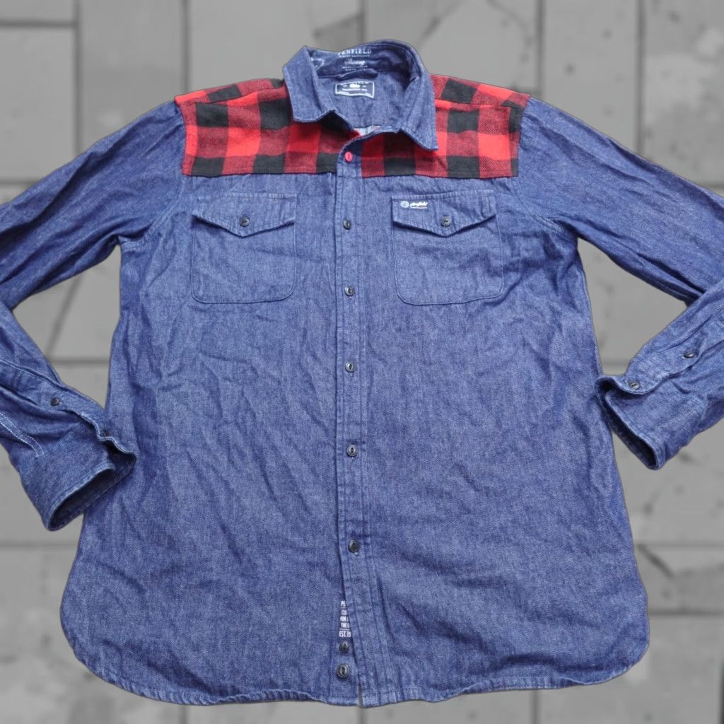 Penfield Penfield Shirt Denim Solid Button Down Buffalo Plaid Trim Blue Medium Regular Men Size US M / EU 48-50 / 2 - 1 Thumbnail