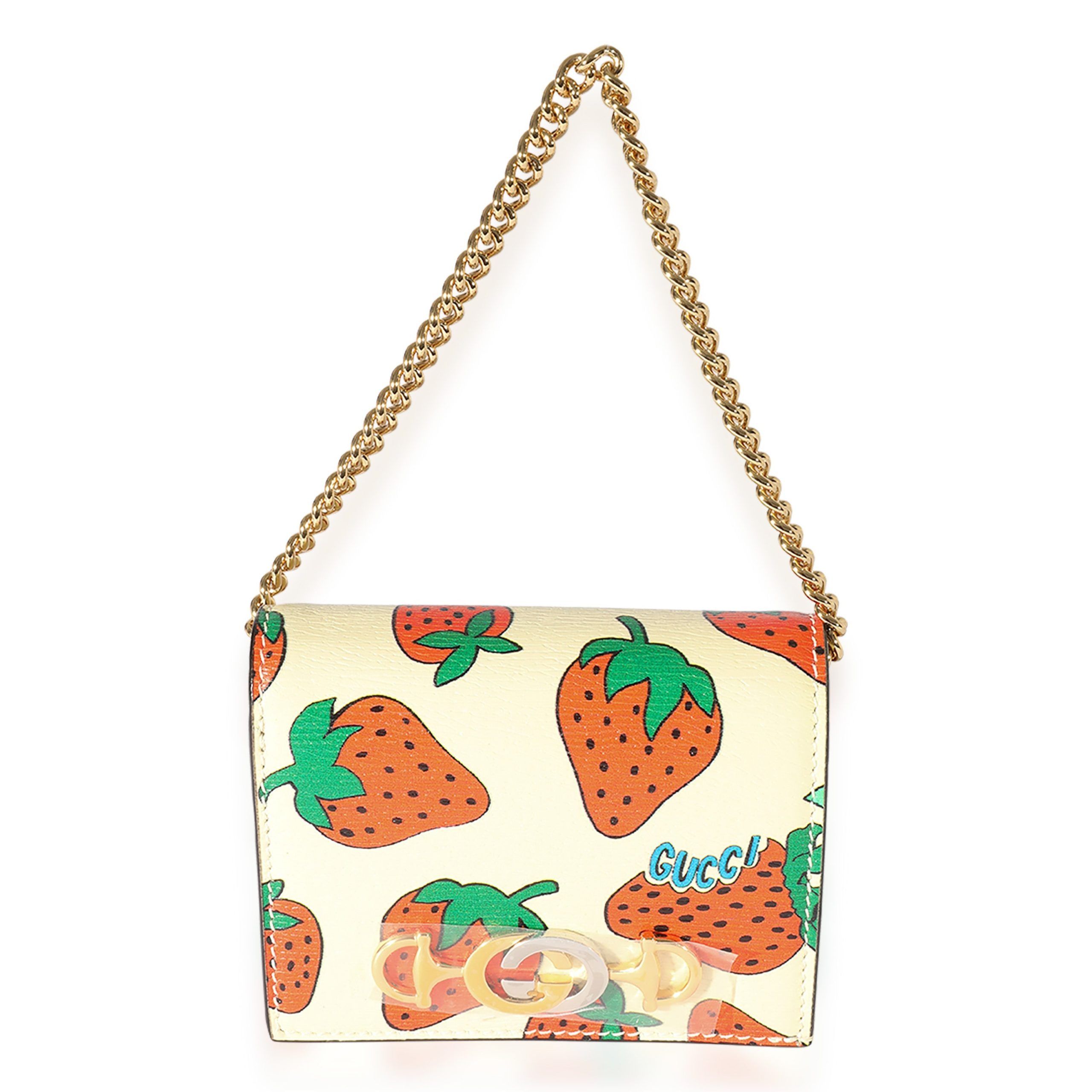 Gucci Gucci Creme Calfskin Strawberry Print Zumi Chain Card Case Size ONE SIZE - 1 Thumbnail