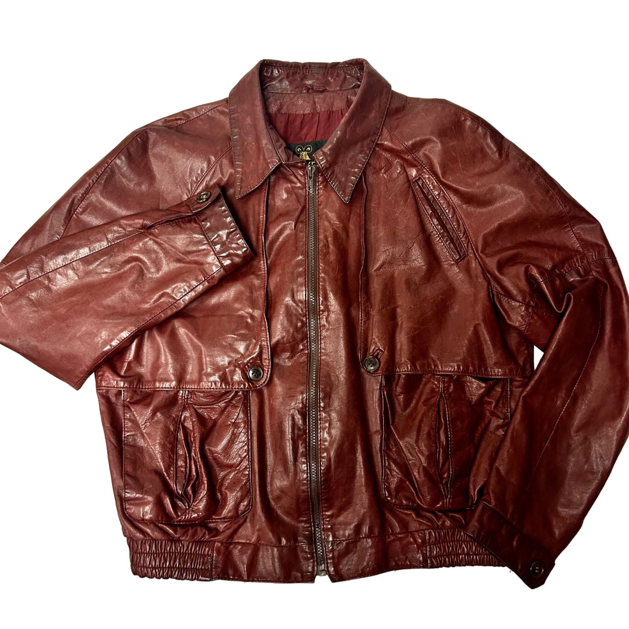 image of Unkwn Lakeland Oxblood Leather Bomber Cafe Racer Coat Biker Jacket, Men's (Size XL)