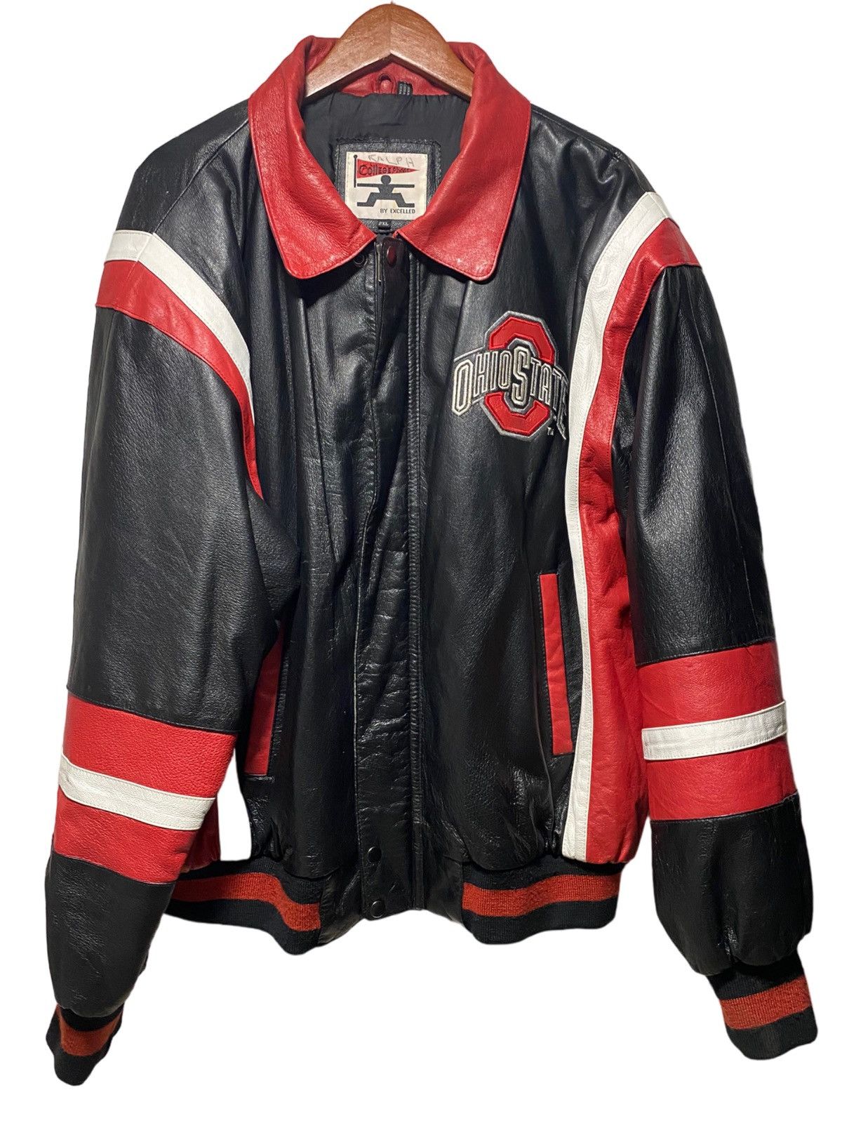 Image of Vintage Ohio State Buckeyes Leather Bomber Letterman Jacket in Black, Men's (Size 2XL)