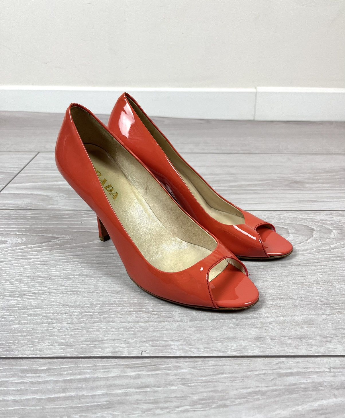Prada Prada Leather Peep Toe Pumps Heels Coral Shoes Womens Size US 5.5 / IT 35.5 - 2 Thumbnail