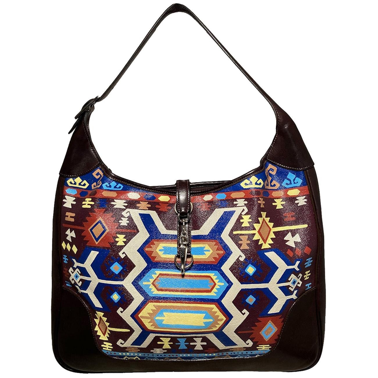 image of Hermes Brown Leather And Canvas Trim Bag Hand Painted, Women's
