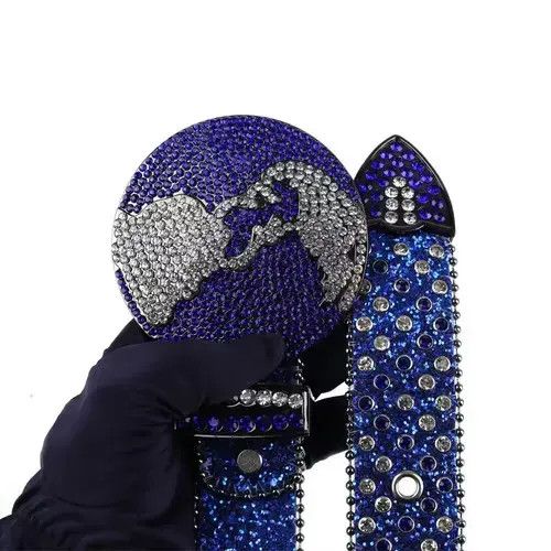 Japanese Brand × Vintage y2k blue studded rhinestone leather belt Size 38 - 1 Thumbnail