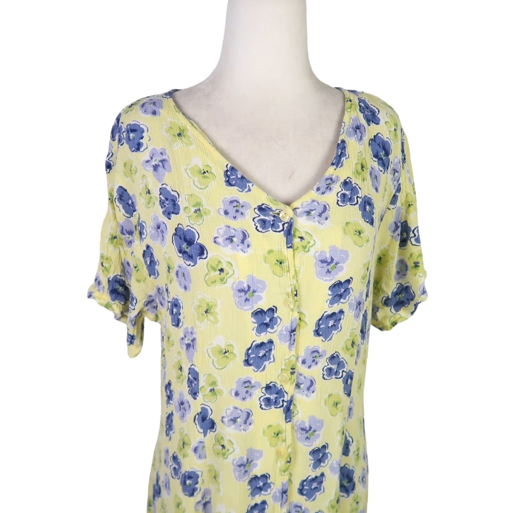 Vintage VINTAGE Amanda Stewart Dress Midi Floral Yellow Blue Short Sleeve Petite L Womens 90s Bohemian Sundress Size L / US 10 / IT 46 - 2 Thumbnail