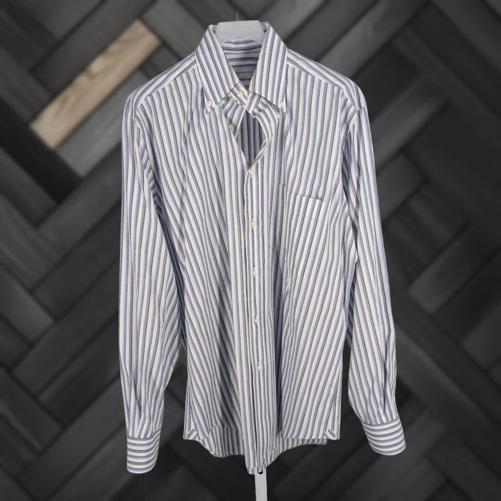 Ermenegildo Zegna Ermenegildo Zegna Dress Shirt Striped Blue White 100% Cotton Italy Made 16 41 Mens Formal Button Down Collar Tailored Fit Vintage Archival Luxury Size 42R - 1 Thumbnail