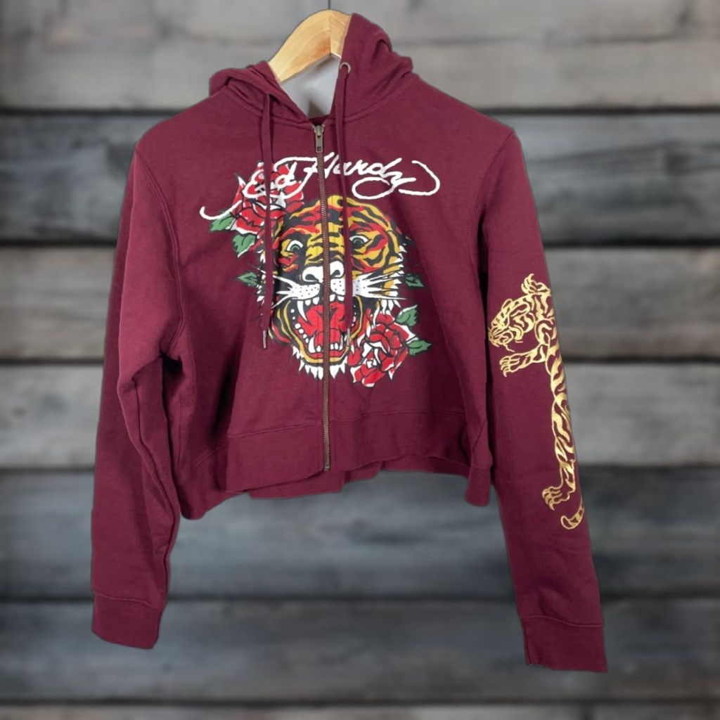 Ed Hardy Ed Hardy Cropped Zip Hoodie Women's 1X Dark Red Tiger Sweatshirt Tattoo EHW1800 Size XL / US 12-14 / IT 48-50 - 1 Thumbnail