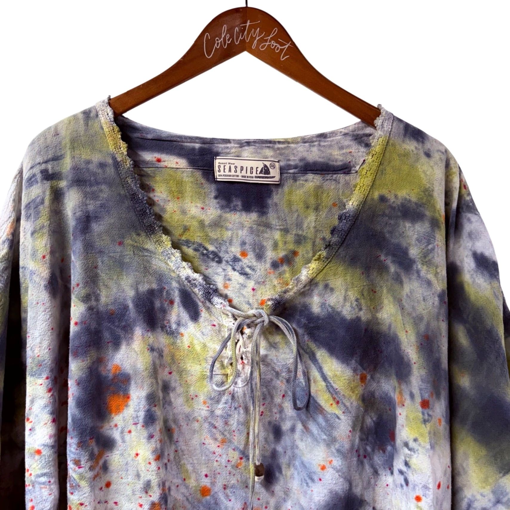 Seaspice Resort Wear Top Blue Tie Dye Fringe Trim XXL Blouse Women 2XL