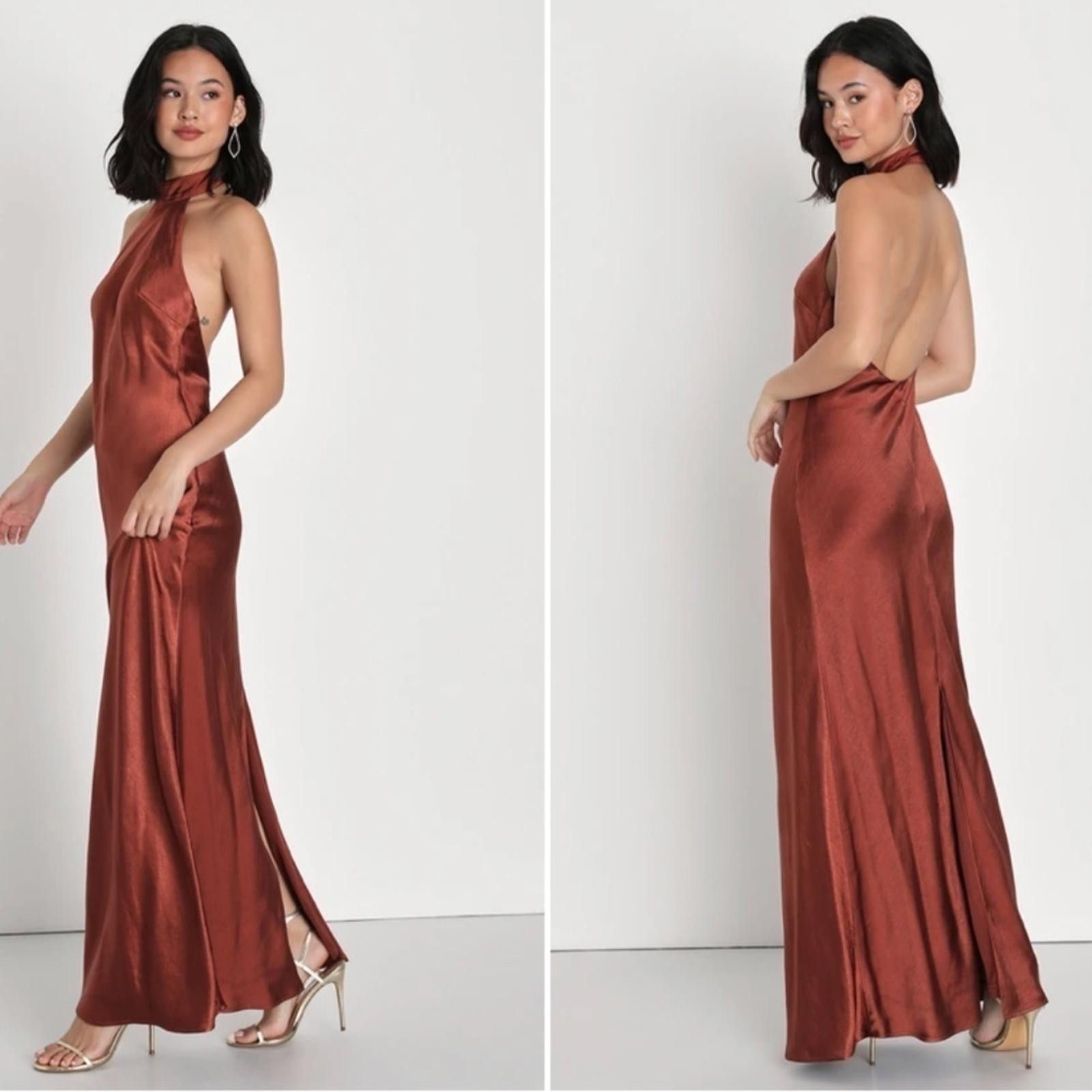 Lulus LULU's Sexy Prom Wedding Bridesmaid Satin Maxi Dress Size L / US 10 / IT 46 - 3 Thumbnail