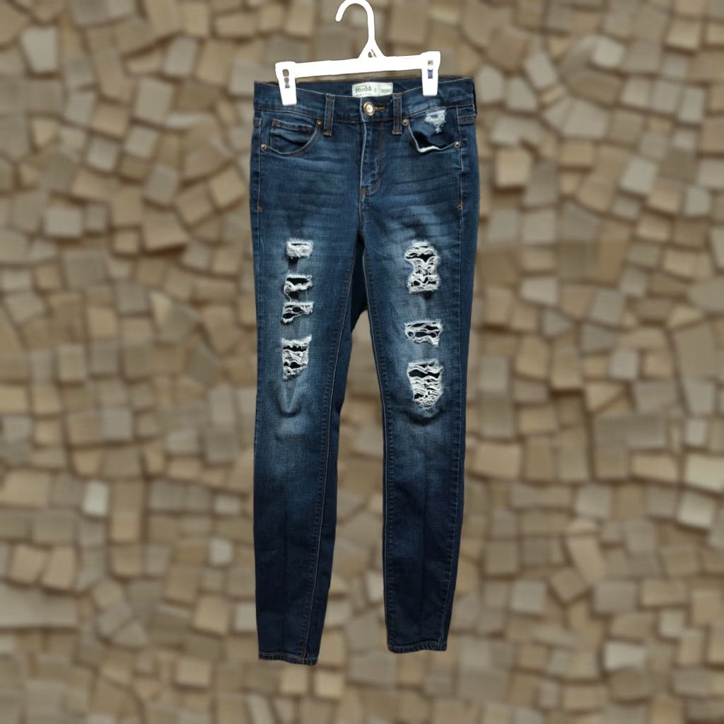 Denime Mudd Skinny Jeans Size 3 Juniors Mid Rise Dark Wash Blue Denim Distressed Size 26" / US 2 / IT 38 - 1 Thumbnail