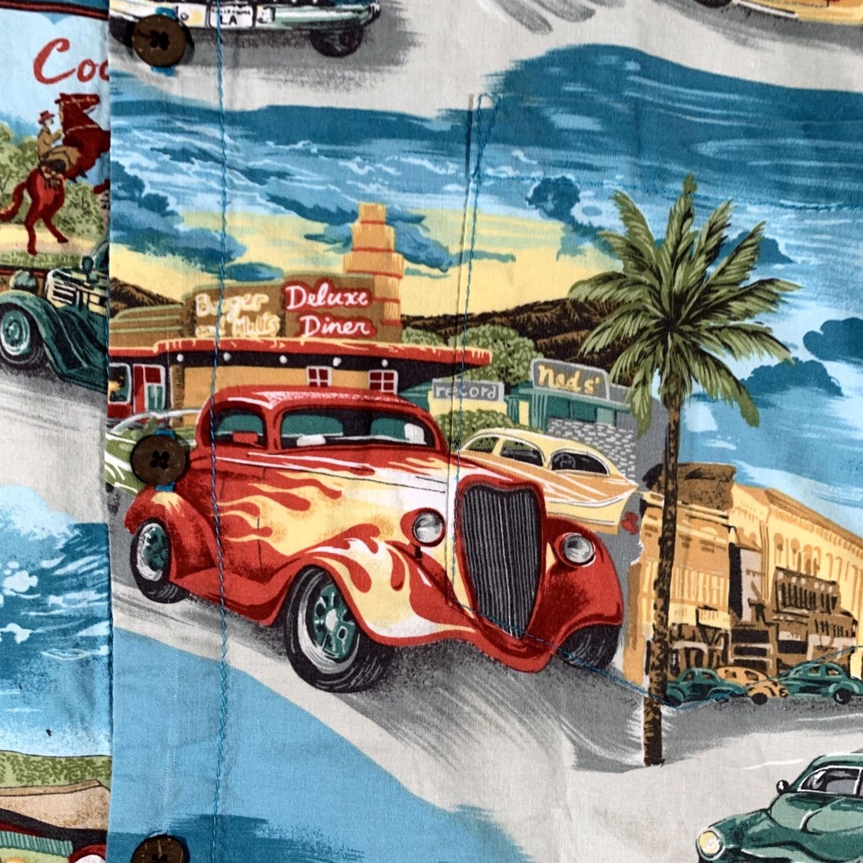 Vintage High Seas Trading Co Hawaiian Aloha Shirt Mens XL Blue Retro Hot Rod Cars Size US XL / EU 56 / 4 - 4 Thumbnail
