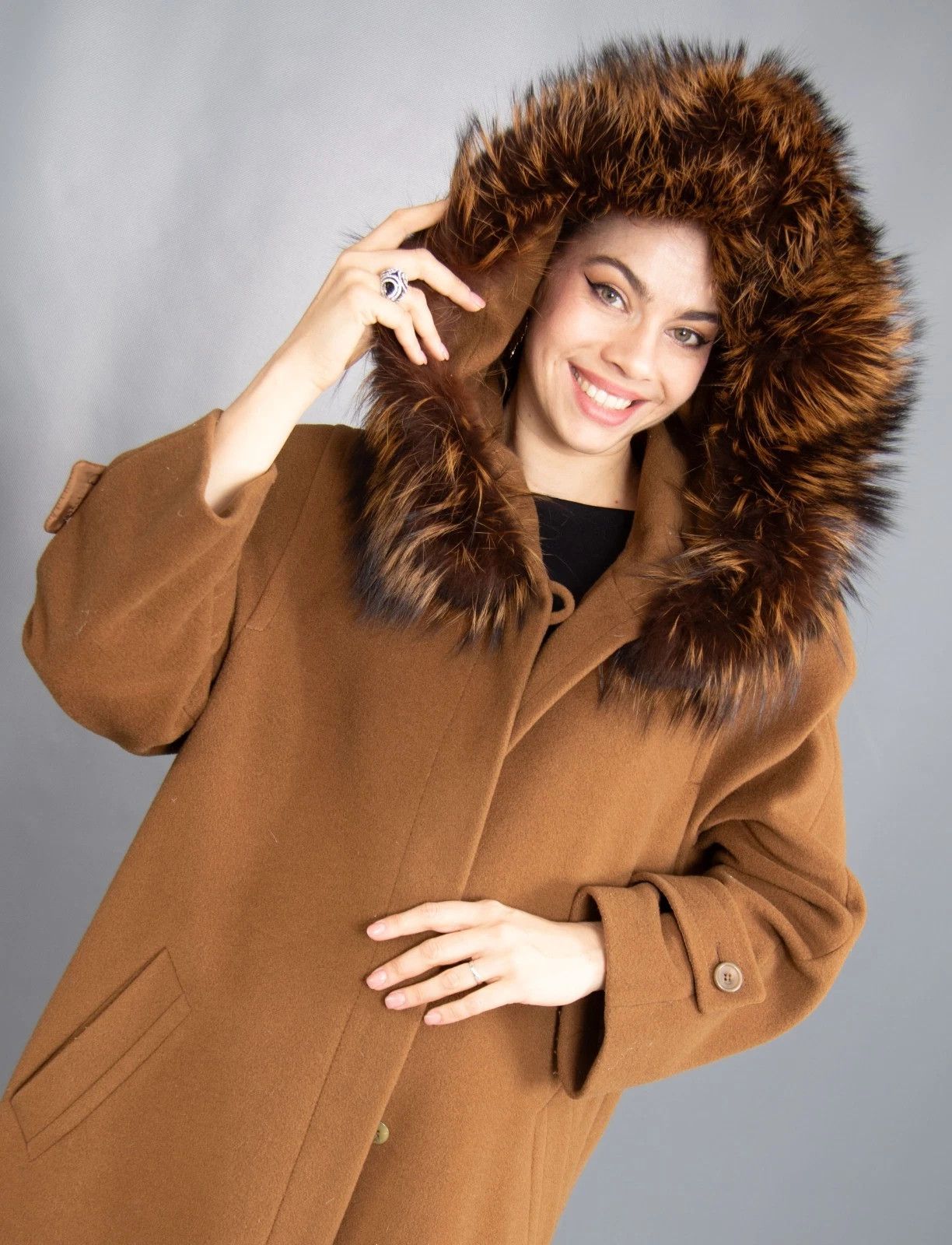 Vintage 18842 WOOL CASHMERE COAT WITH SILVER FOX HOOD PELZ SIZE XL Size XL / US 12-14 / IT 48-50 - 2 Thumbnail