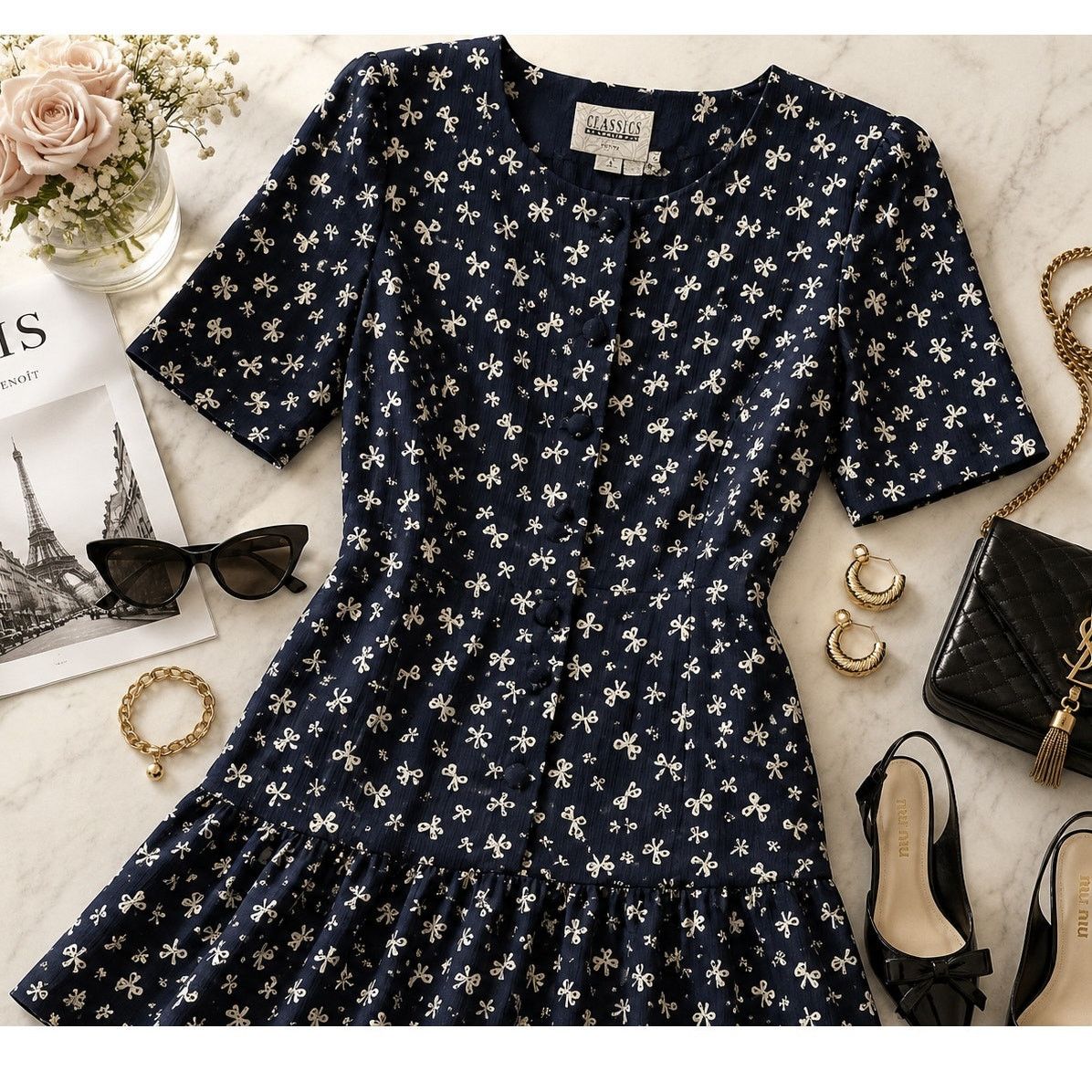 Vintage Leslie Fay Vintage Navy Bow Print Drop Waist Flounce Dress S Size S / US 4 / IT 40 - 10 Thumbnail