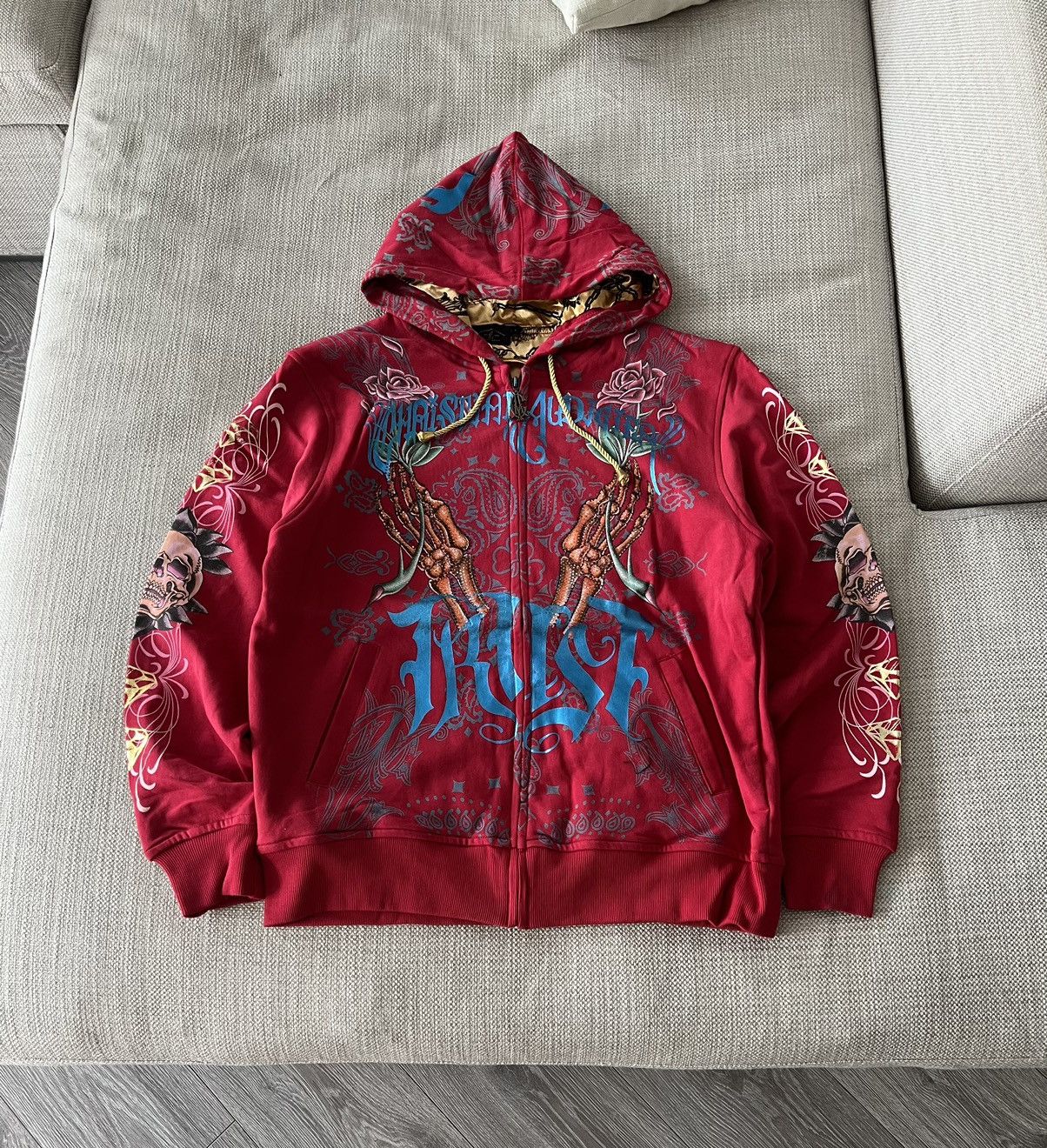 Pre-owned Christian Audigier X Ed Hardy Vintage Ed Hardy By Christian Audigier Zip Hoodie Y2k In Red