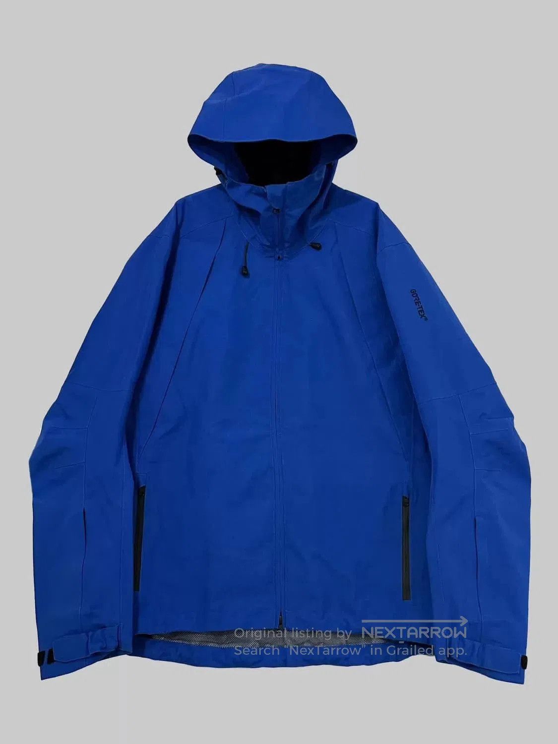Blue Hooded Raincoat with Zip Closure.