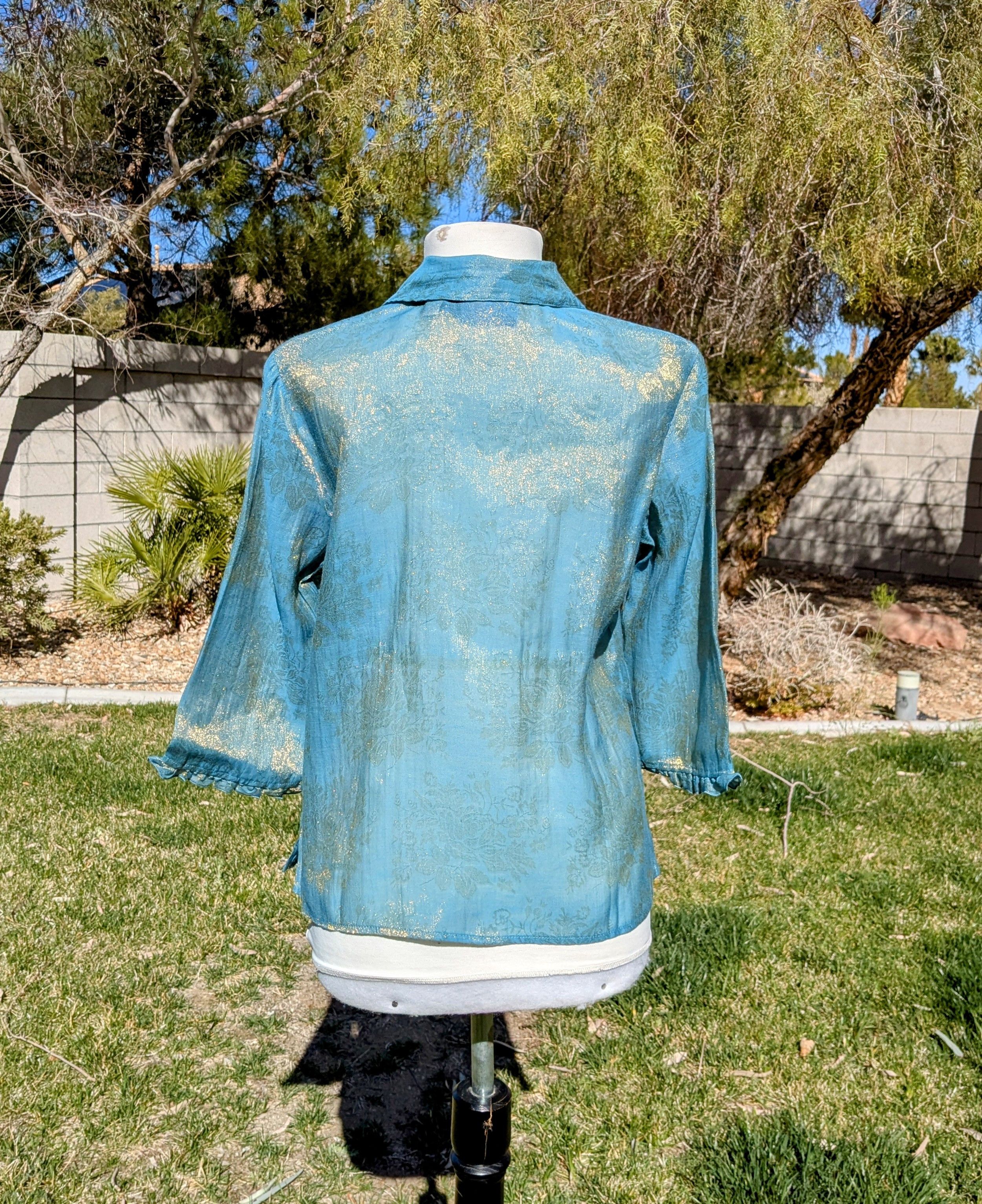 Designer JH Collectibles Light Blue&Gold Petite Sheer L/S Top Blouse Size L / US 10 / IT 46 - 4 Thumbnail