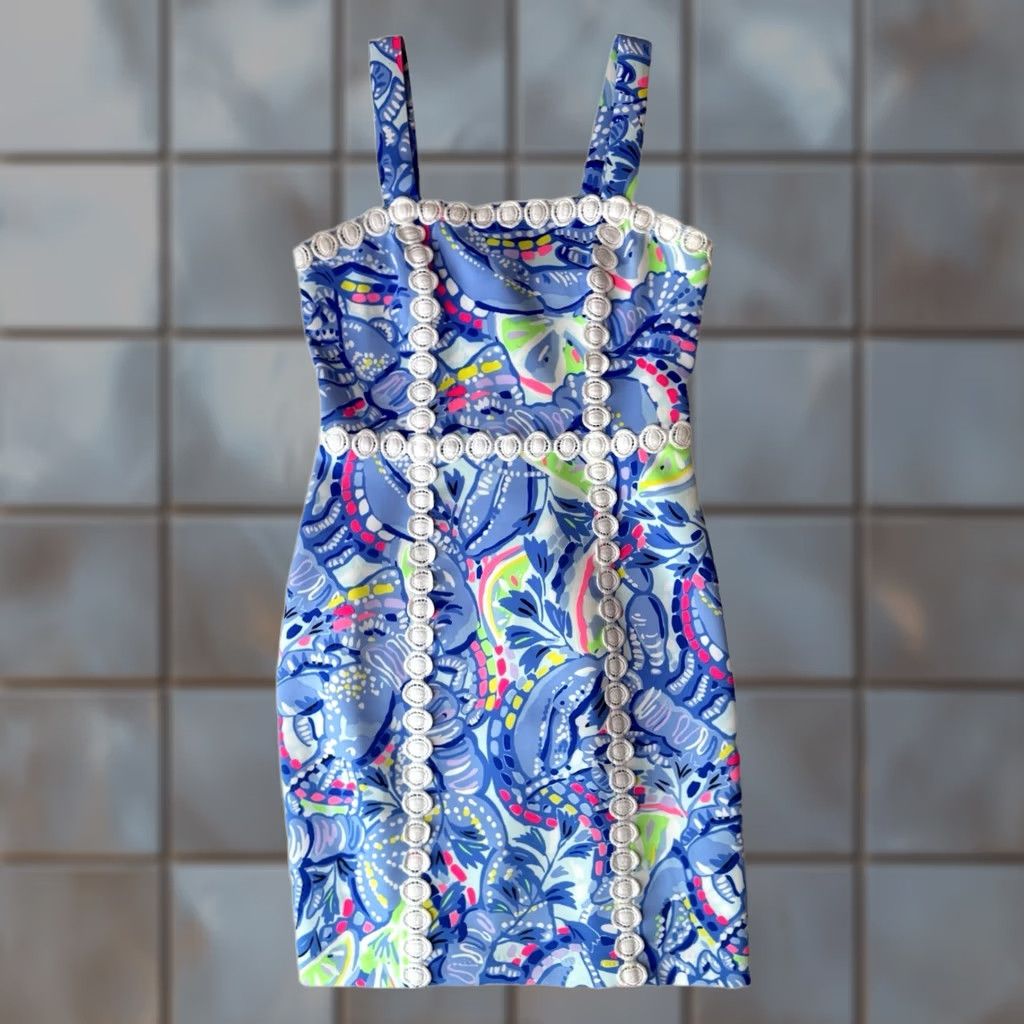 Lilly Pulitzer Lilly Pulitzer Janelle Stretch Shift Dress Women's 2 Blue Paisley Off Shoulder Sleeveless Midi Casual Workwear Party/Cocktail Size XS / US 0-2 / IT 36-38 - 1 Thumbnail