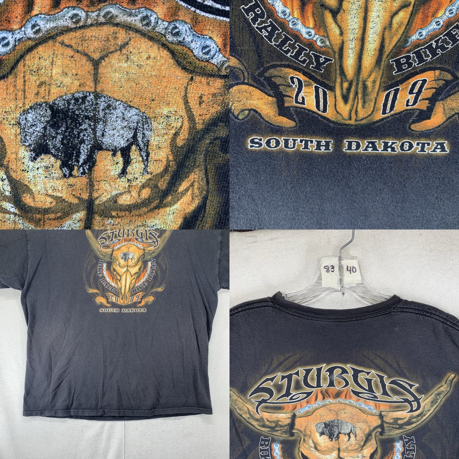 Gildan Mens Biker T Shirt Oversized Medium Sturgis 09 Sun Faded Black Tribal Fire Bison Size US M / EU 48-50 / 2 - 8 Thumbnail