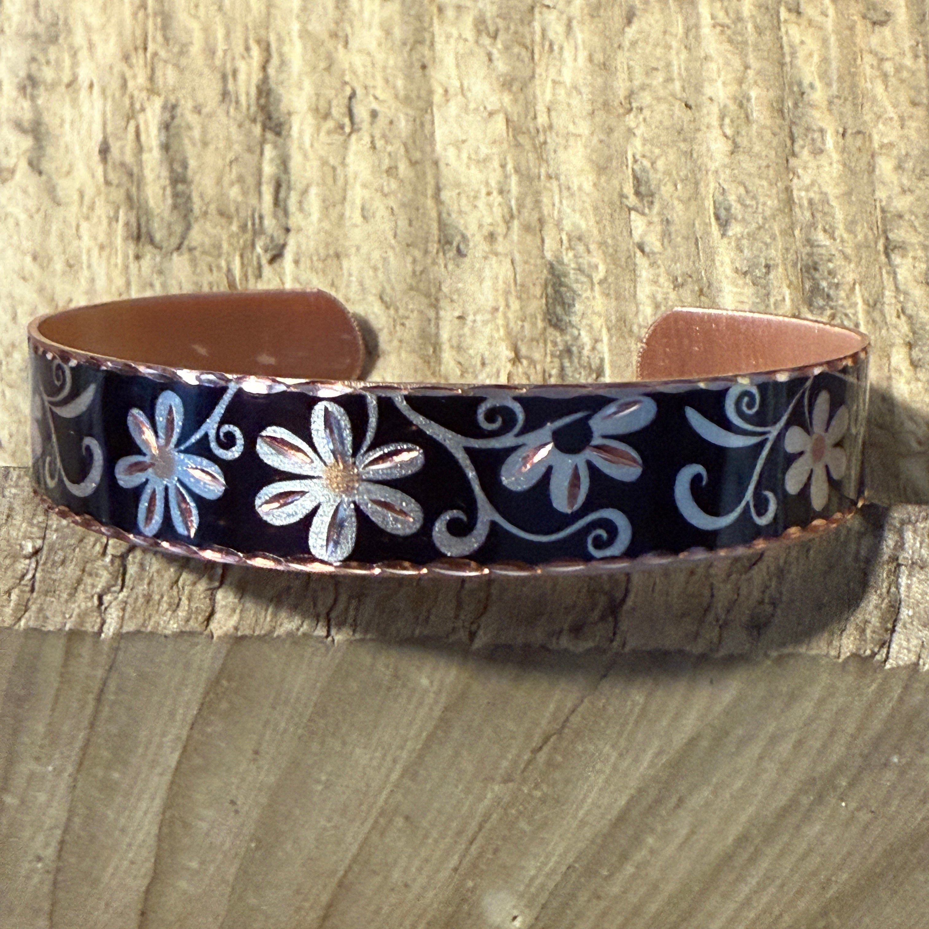 Other Copper Black Diamond Floral Narrow Cuff Bracelet Gift Box Size ONE SIZE - 4 Thumbnail