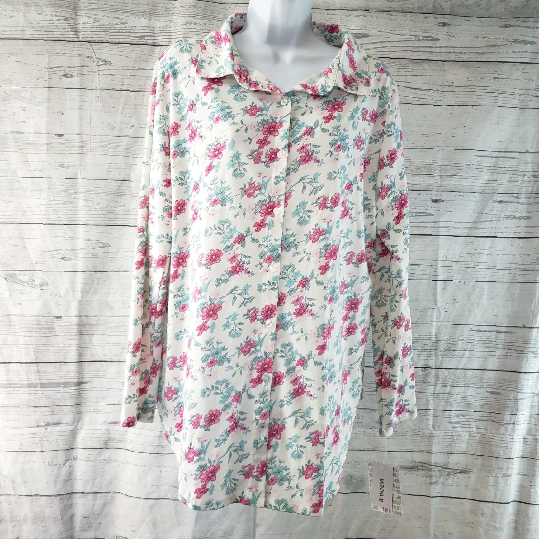 Vintage VINTAGE? No — Actually: LuLaRoe Valentina top White Pink Floral Button-Up Shirt Women M Size M / US 6-8 / IT 42-44 - 2 Thumbnail