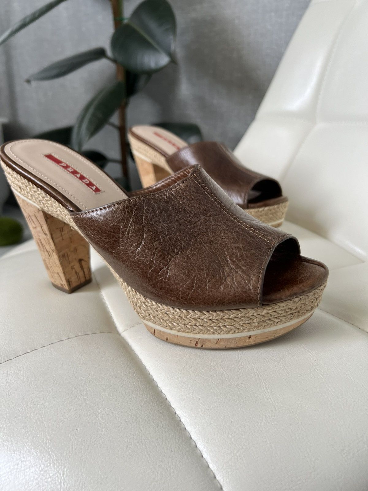 Prada Prada Leather Platform Mules Cork Heels Woven Trim Sandals Size US 8 / IT 38 - 11 Thumbnail