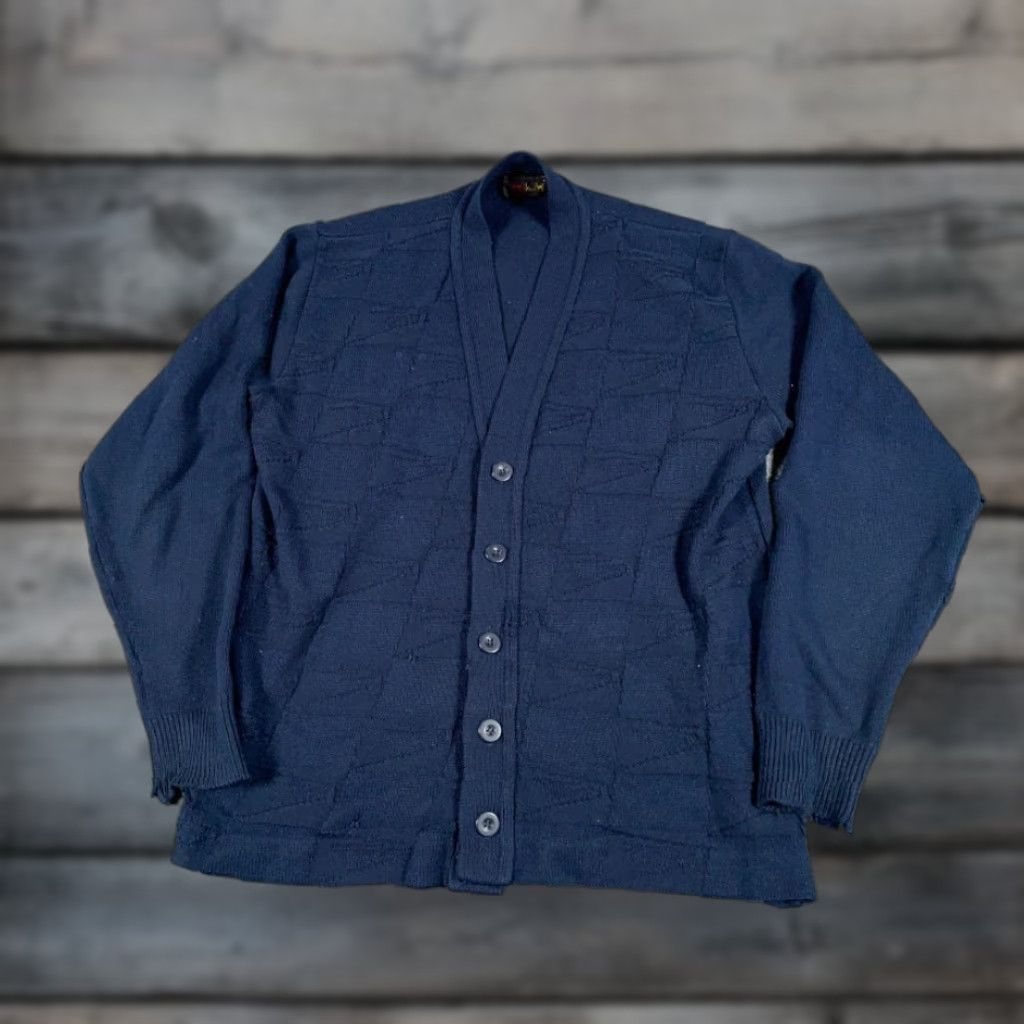 Vintage VINTAGE Grandpa Cardigan Shirt Men L Dark Blue 80s Distressed Knit USA Made SFKM Fall Winter 80s Retro Mens Size US L / EU 52-54 / 3 - 1 Thumbnail