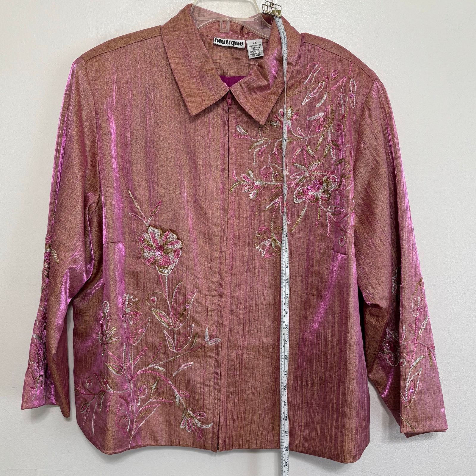 Other Blutique Rose Pink Shimmer Floral Embroidered Beaded Jacket Size XXL / US 16-18 / IT 52-54 - 3 Thumbnail