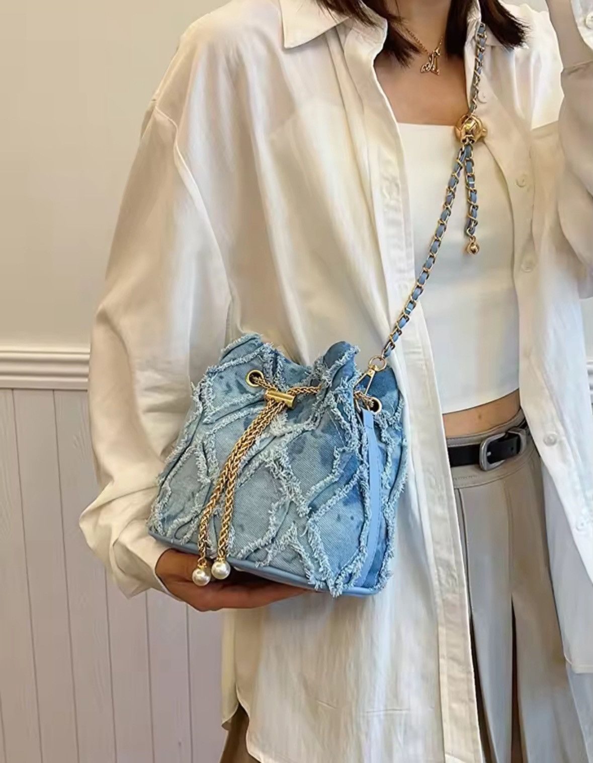 Japanese Brand Vintage Denim Bucket Bag Retro Style Light Blue Ripped Edge Size ONE SIZE - 3 Thumbnail