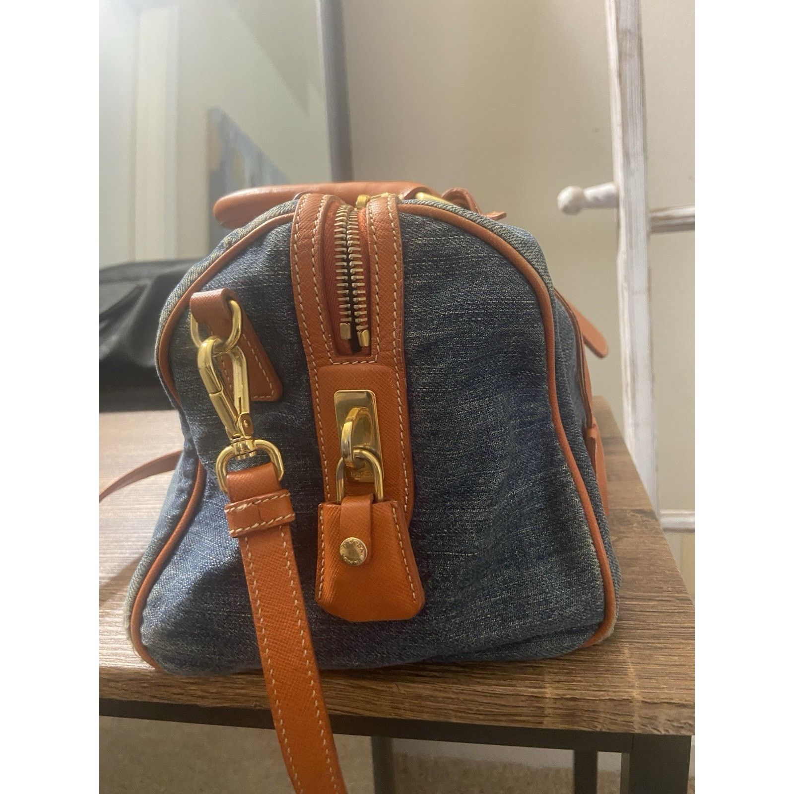 Prada Prada Bauletto blue denim orange saffiano 2way handbag, good Size ONE SIZE - 10 Thumbnail