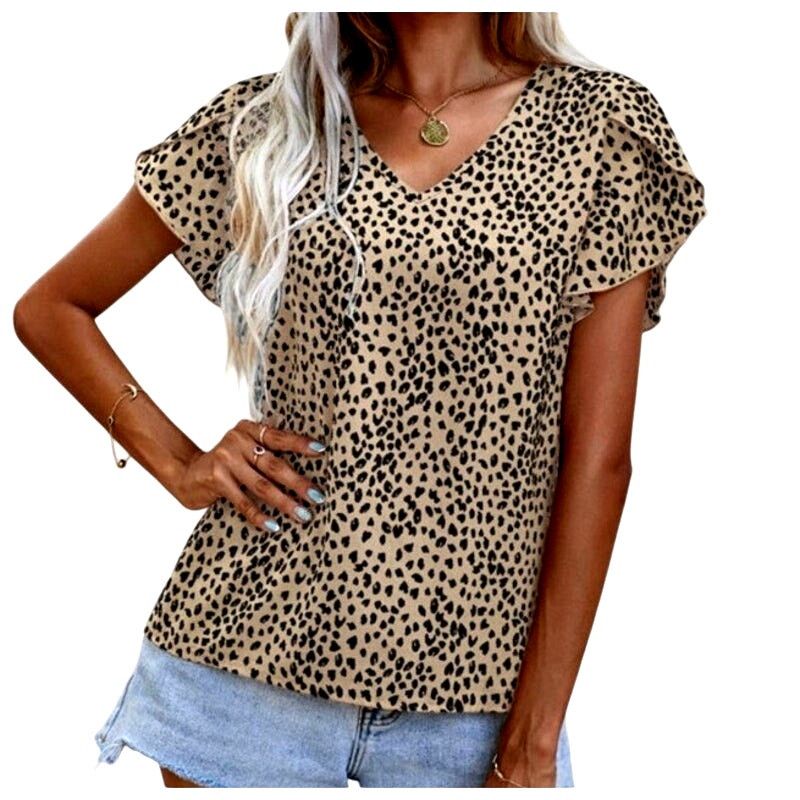 Shein Shein Tan Black Leopard V-Neck Petal Short Sleeve Top Size S / US 4 / IT 40 - 5 Thumbnail