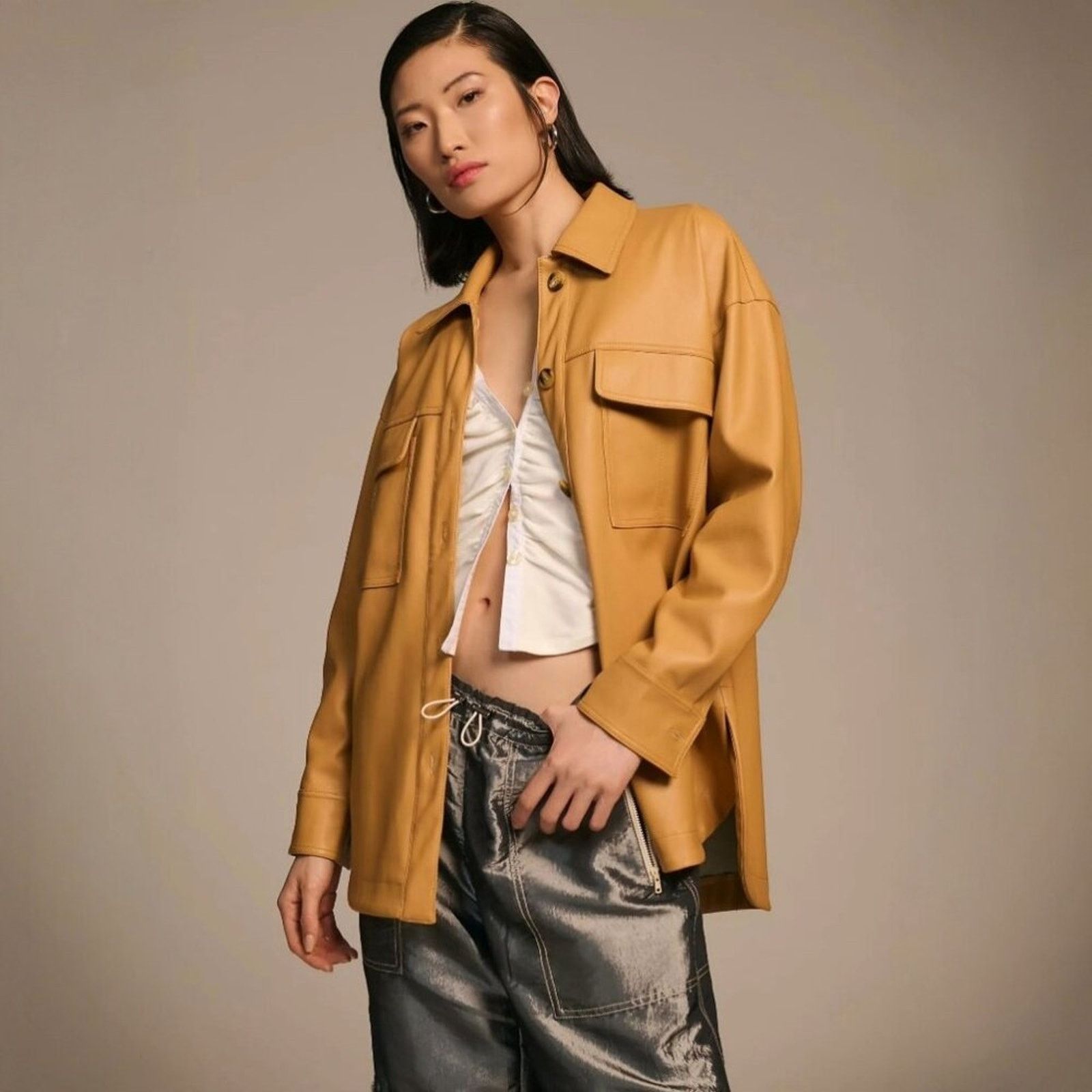 Anthropologie Maeve Oversized Vegan Leather Button Shacket Womens L Size L / US 10 / IT 46 - 3 Thumbnail