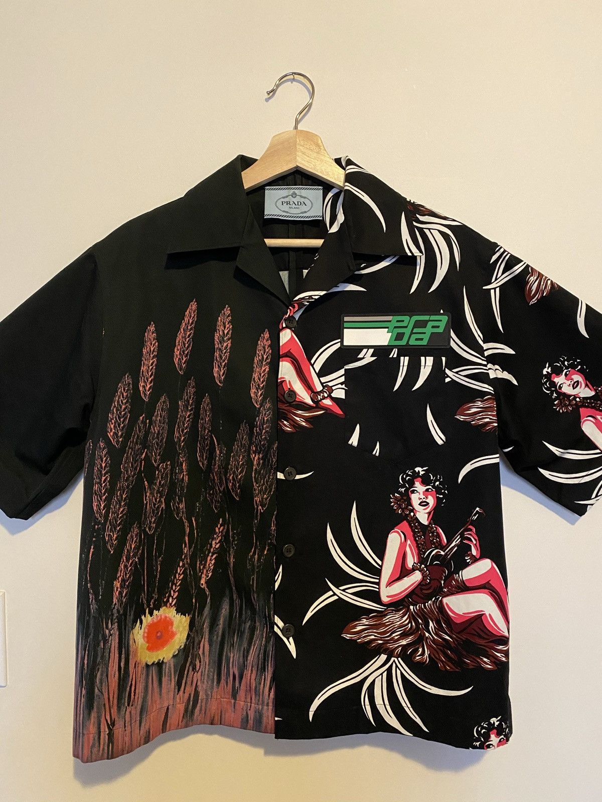 image of Prada Double Match Split Hawaiian Floral Bowling Shirt in Black, Men's (Size Small)