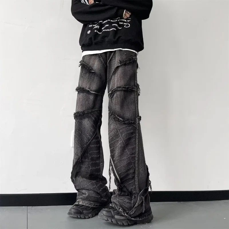 image of Vintage Punk Stripe Tessel Frayed Jeans in Black, Men's (Size 34)