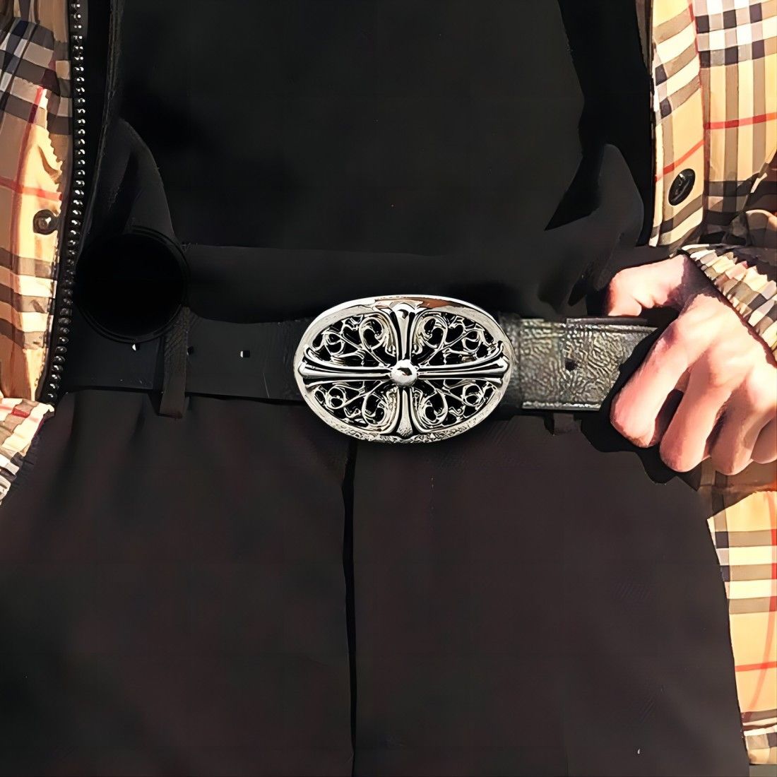 Designer × Japanese Brand × Vintage Men y2k punk petal cross buckle casual black belt Size ONE SIZE - 2 Thumbnail