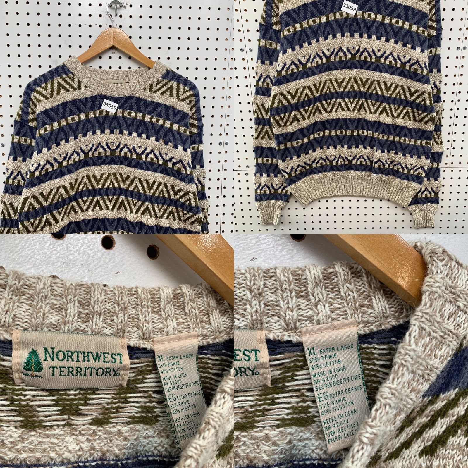 Vintage VINTAGE Northwest Territory Knit Sweater Mens XL Nordic Striped 20x26 Beige Cotton Ramie Crew Neck Pullover Size US XL / EU 56 / 4 - 8 Thumbnail