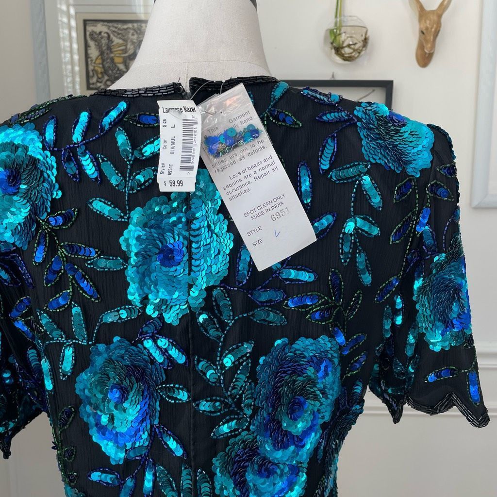 Other NWT NOS Laurence Kazar Beaded Sequin Short Sleeve Silk Top Blue Black L Size L / US 10 / IT 46 - 2 Thumbnail