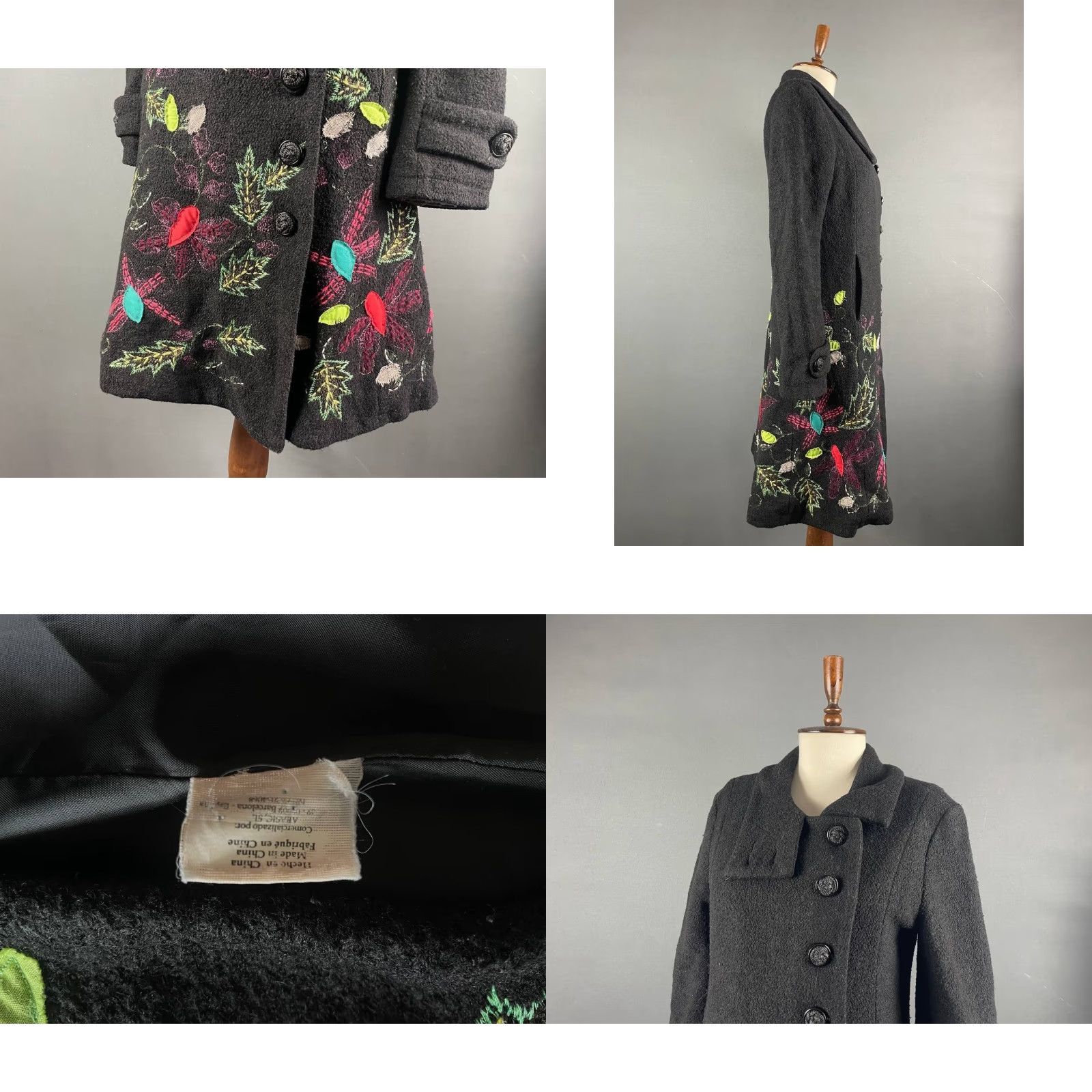 Desigual Desigual Coat Trench Black Floral Embroidered Long Sleeve Button 38 Women (Regular) Size XS / US 0-2 / IT 36-38 - 8 Thumbnail
