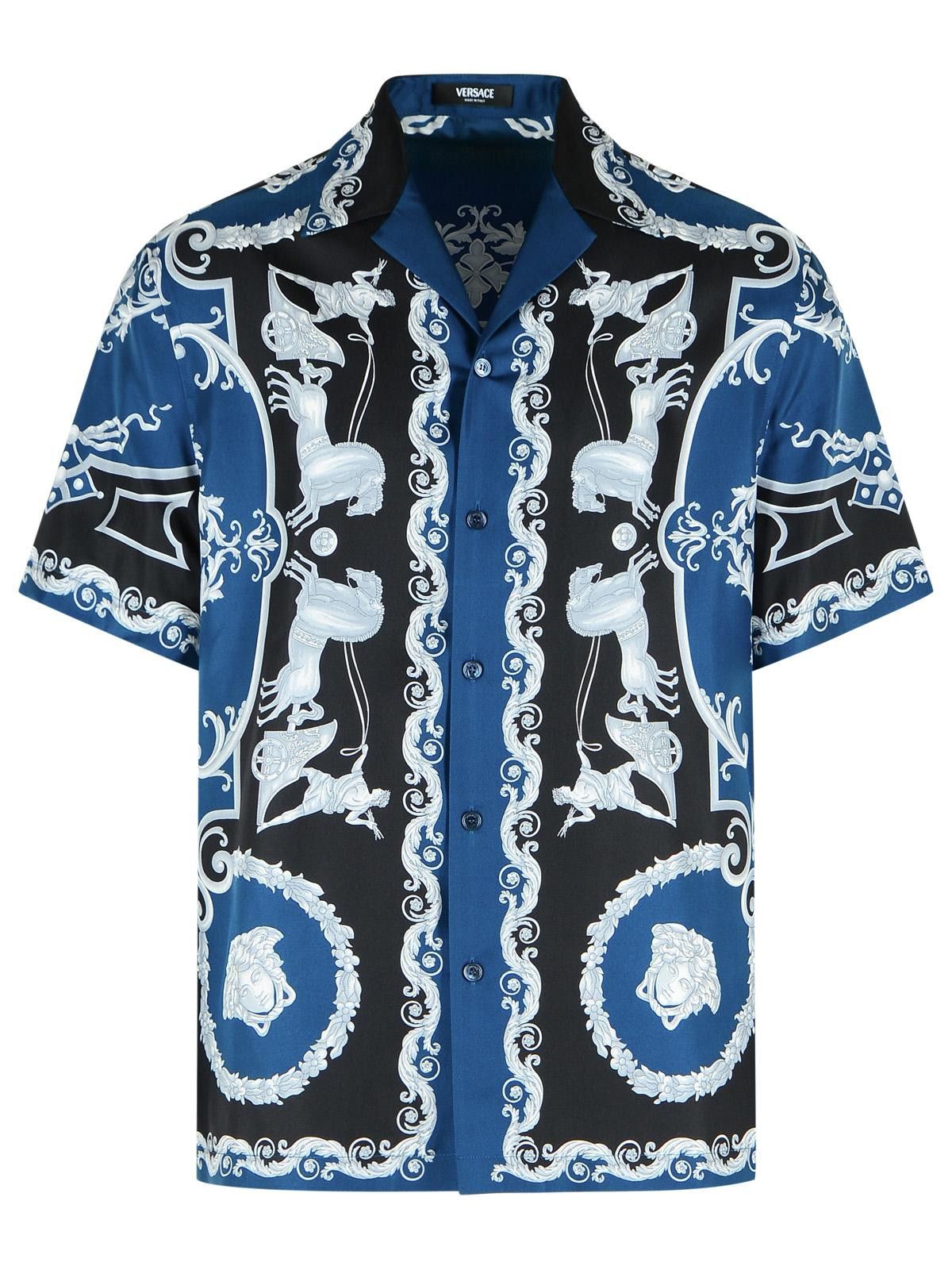 VERSACE Regular Shirt In Black And Blue Printed Silk Twill
