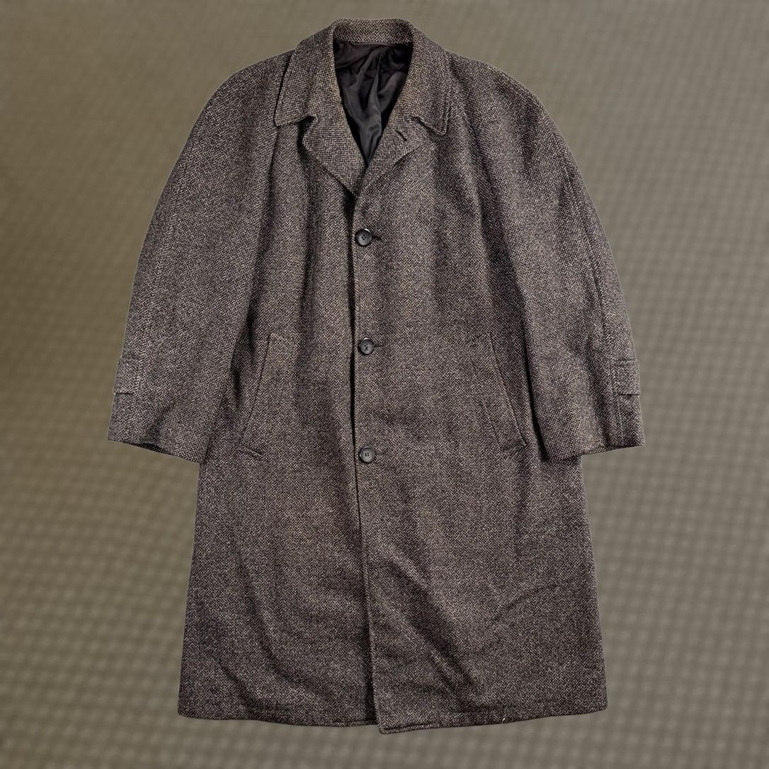 Vintage VINTAGE Lord Saxony Coat Mens 42 Gray Wool Tweed Overcoat Long Trench 1950s 1960s Rockabilly Retro Size US XS / EU 42 / 0 - 1 Thumbnail